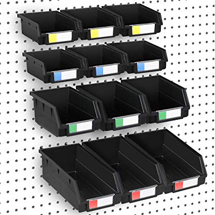 Magicfly, 12 Pack Black Storage Bins with 3 Sizes, Hooks Fit Any Tool, Parts and Craft Organizer, Pegboard Accessories