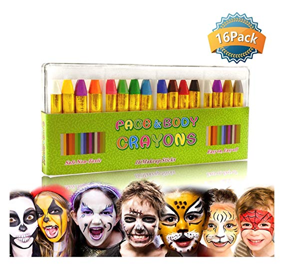 GiBot Face Paint Crayons 16 Colors Face and Body Paint Sticks Body Tattoo Crayons Kit for Kids, Child,Toddlers, Adult and World Cup Carnival,Non-Toxic,Set of 16