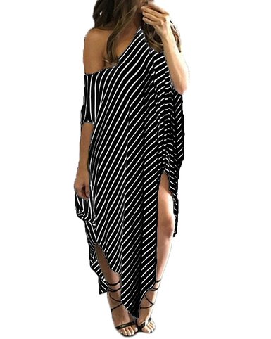 ZANZEA Women's One Off Shoulder Striped Irregular Long Maxi Dress Kaftan Dress