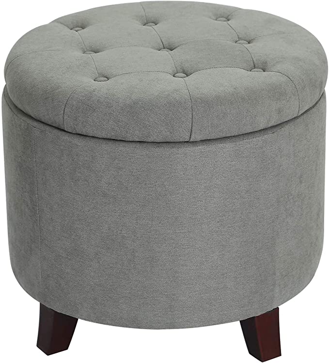 Adeco Fabric Cushion Round Button Tufted Lift Top Storage Ottoman Footstool, 20x20x18, Gray