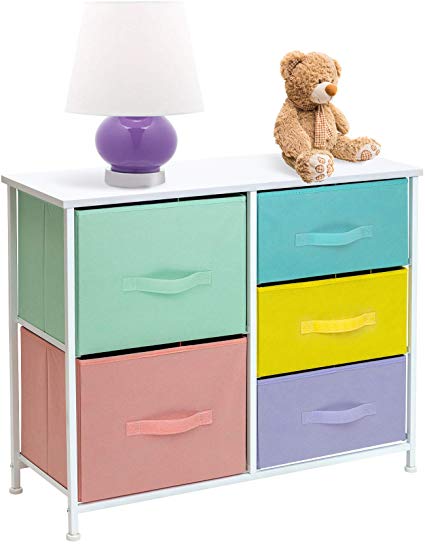 Sorbus Dresser with 5 Drawers Furniture Storage Tower Chest for Kid’s, Teens, Bedroom, Nursery, Playroom, Closet, Clothes, Toy Organization-Steel Frame, Wood Top, Easy Pull Fabric Bins (Pastel)