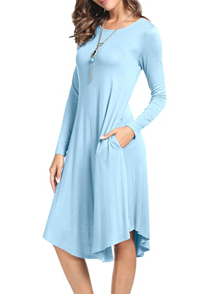 levaca Women's Plain Long Sleeve Pockets Pleated Loose Swing Casual Midi Dress