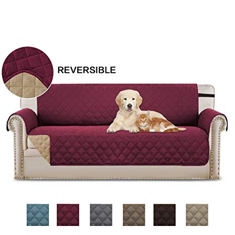 BellaHills Luxurious Reversible Quilted Furniture Protector, Stay in Place with Adjusts Straps Microfiber Soft and Water-Repellent (One Seater: Burgundy/Tan)-110'' X 75''