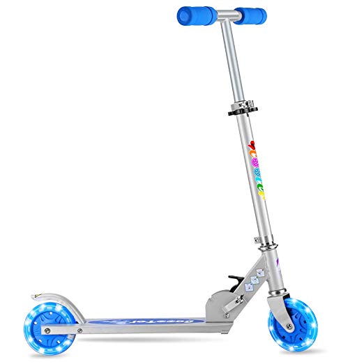 BELEEV V2 Folding Kick Scooter 2 Wheel Scooter, 3 Adjustable Height, White LED Light Up Wheels for 5 Years and up