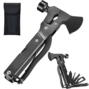 Multitool Camping Hammer Axe Hiking Emergency Survival Multitool 16 in 1 with Folding Mini Knife Saw Screwdrivers Hatchet Plier Gift for Men Dad Husband (Black)