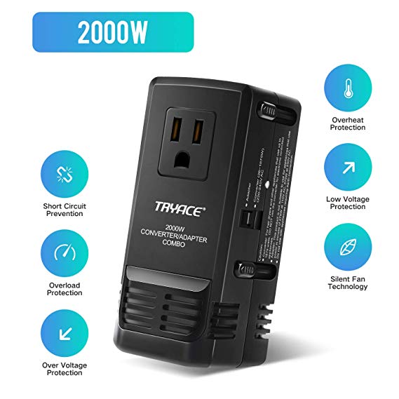 TRYACE 2000W Travel Voltage Converter Step Down 220V to 110V, Travel Power Converter Adapter Combo International 8A Adaptor Plug Worldwide Wall Charger for UK/AU/US/EU Over 200 Countries