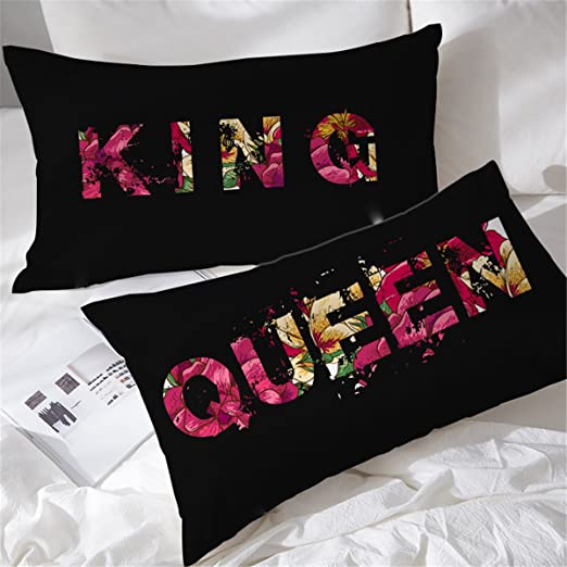 BlessLiving Retro Floral Queen and King Pillow Cases His Hers Couple Pillowcases Set of 2 Black Red Romantic Pillow Shams (King)