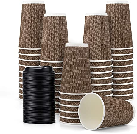 Fasmov 80 Pack 16 oz Disposable Double Walled Hot Cups with Lids, Coffee Cups, No Sleeves needed Insulated Ripple Wall Hot Coffee Tea Chocolate Drinks, Brown