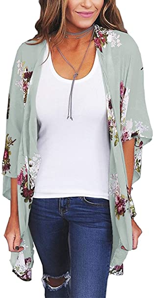 BB&KK Women's Floral Kimono Cardigans Chiffon Casual Loose Open Front Cover Ups Tops