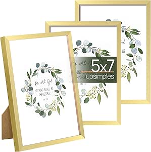 upsimples 5x7 Picture Frame Set of 3, Made of High Definition Glass for 5 x 7 Gold Frames, Wall and Tabletop Display Thin Border Photo Frame for Home Décor