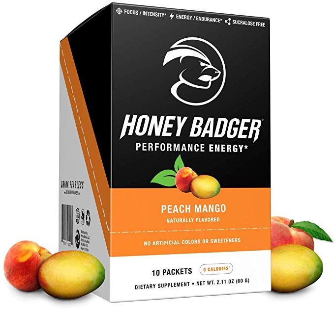 Honey Badger Vegan Keto Pre Workout | Peach Mango | Natural Paleo Sugar Free Plant-Based Energy Supplement Nootropics Amino Acids Nitric Oxide Sucralose Free   Non-Habit Forming |10 Servings
