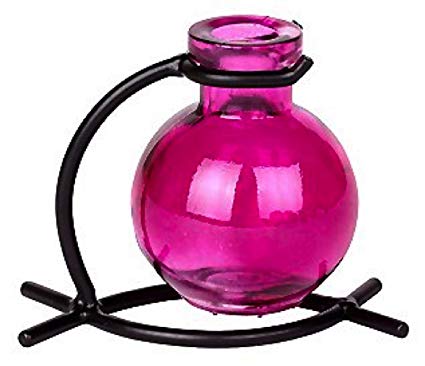 Romantic Decor and More Moda Chic Fuchsia Glass Ball Vase with Black Metal Stand 1/pc ~ G277VF Floral Vase ~ Bud Vase ~ Flower Vase ~ Decorative Vase ~ Incense Holder