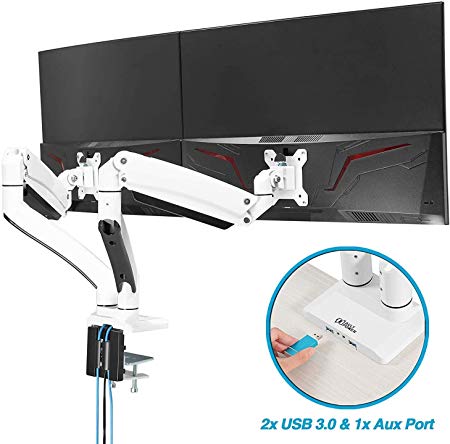 AVLT-Power Dual 35" Monitor Desk Stand - Mount Two 33 lbs Computer Monitors on 2 Full Motion Adjustable Arms - Laboratory Grade USB 3.0 Port - Organize Work Surface with Ergonomic VESA Monitor Mount