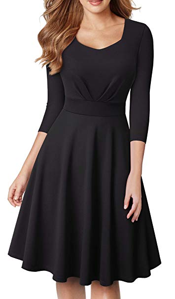 HOMEYEE Women's Square Neck 3/4 Sleeve Christmas Fit and Flare Dress A132