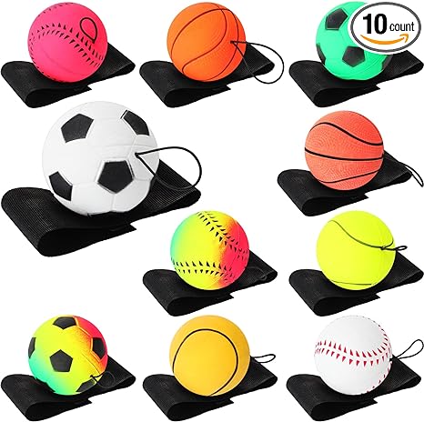 Skylety 10 Pieces Wrist Return Ball Wrist Band Ball Rubber Rebound Ball Sports Bouncy Ball Basketball Baseball Soccer Ball Wristband Toys for Wrist Exercise Sports and Children or Adults for Fun