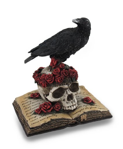 Perched Raven On Rose Skull And Open Poetry Book Statue