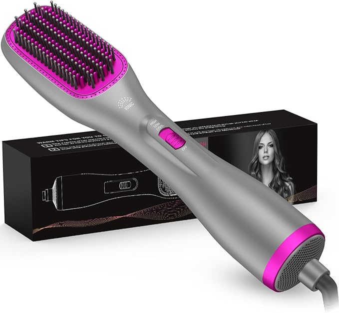 APOKE 3 in 1 Hair Dryer Brush & Straightener Brush, Professional 1200W Powerful Ceramic Tourmaline Ionic Hot Air Brush, 3 Heat/2 Speed Settings One Step Hair Dryer and Styler for All Hair Types