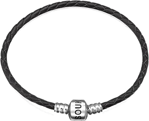 SOUKISS Genuine Black Leather Woven Bracelet with 925 Sterling Silver Barrel Snap Clasp Bead Bracelet for Charms