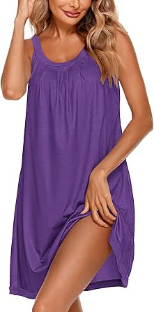 Ekouaer Women's Nightgown Sleeveless Sleepwear Wide Strap Sleep Shirt Pleated Scoopneck Nightshirt S-XXXL