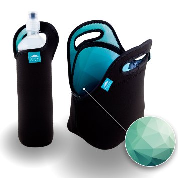 Insulated Neoprene Lunch Bag Tote | Includes 12" Big Water Bottle Cooler | Lightweight | Rugged Zipper | Washable | Stretchy | Great For Larger Lunches | Turquoise Designer Interior | Nordic By Nature