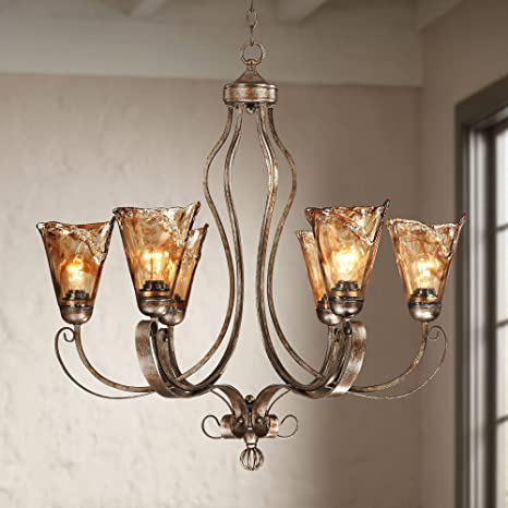 Amber Scroll Golden Bronze Silver Large Chandelier 31 1/2" Wide Rustic Art Glass 6-Light Fixture for Dining Room House Foyer Kitchen Island Entryway Bedroom Living Room - Franklin Iron Works