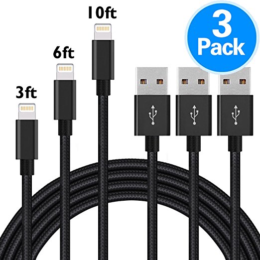 iPhone Charger, UTHMNE 3Pack 3FT/6FT/10FT(1M/2M/3M) Nylon Braided 8 pin Charging Cables USB Charger Cord, Compatible with iPhone 7/7 Plus/6s/6s Plus/6/6 Plus/5/5S/5C/SE/iPad and iPod (Black)