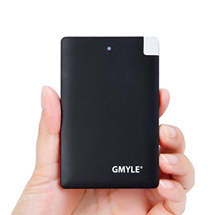 Power Bank, GMYLE® 2500mAh Ultra-Thin Wallet Sized Portable USB External Battery Charger w/ Built-in Lightning & Micro USB Cable for USB-Charged Devices (Black)