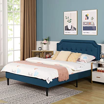 VECELO Premium Upholstered Platform Bed, Metal Frame & 12 Strong Wood Slat Support, Mattress Foundation/Diamond Stitched Panel Headboard/Easy Assembly,Full,Blue