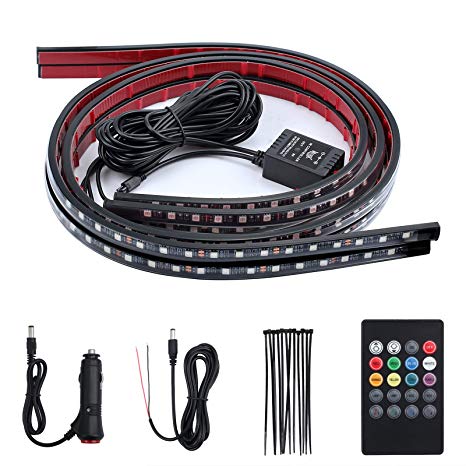 Justech 4PCS 8 Colors Car LED Neon Undercar Glow light 12V RGB Underglow Atmosphere Decorative Bar Lights Kit Strip with Sound Active and Wireless Remote Control for Car Interior