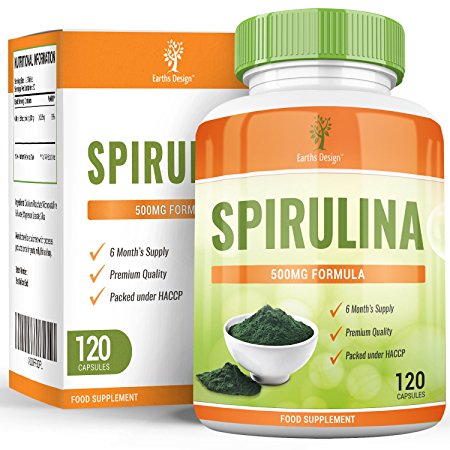 Spirulina Extract - 500mg Spirulina Powder - Suitable for Vegetarians - 120 Capsules (2 Month Supply) by Earths Design