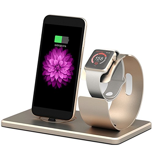 Xboun Apple Watch Series 2 Stand, iPhone Charging Dock, [2 in 1 Charging Station] Aluminum Apple Charging Stand Cradle Holder for iPhone 7/7 Plus/6s/6s, Apple Watch 38mm&42mm All Visions (Gold 2)