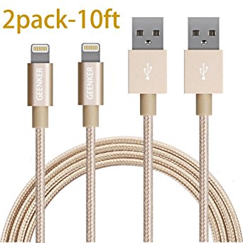 Lightning Cable, GEENKER 2Pack 10ft Nylon Braided 8pin Charging Cable Extra Long USB Cord for iphone se, 6s, 6s plus, 6plus, 6,5s 5c 5,iPad Mini, Air,iPad5,iPod on iOS9 - Gold