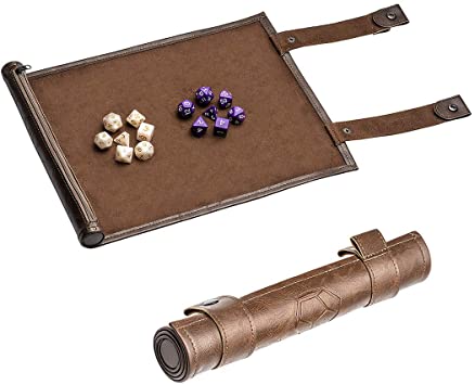 Dice Mat Dice Tray Dice Set for DND Dice, Scroll Dice Tray and Rolling Mat with Zipper Holder, with 2x7 Plastic Polyhedral Dices, All Works with DND D&D Dungeons & Dragons Game (Brown) by PUBGAMER