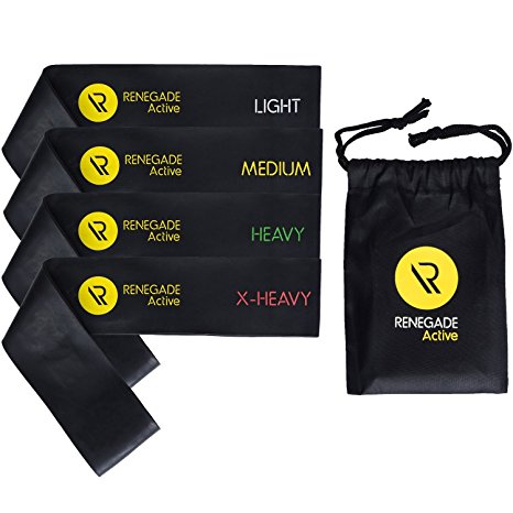 Renegade Active Resistance Loop Bands, Color Coded Set of 4 ,BONUS Online Workout Videos & Carry Pouch, Best Physical Therapy Exercise Leg Bands for the Perfect Fitness Workout