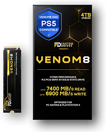 Fantom Drives VENOM8 4TB M.2 SSD - Up to 7400MB/s - NVMe Gen 4 M.2 SSD PS5, Gaming SSD for PC, Laptop, Video Editing - 3D NAND TLC Internal NVMe SSD (VM8X40)
