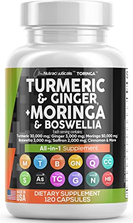 Turmeric Curcumin 30000mg Ginger 3000mg Moringa 50000mg Boswellia 3000mg Saffron 2000mg - Joint Support Supplement for Women and Men with Ceylon Cinnamon, Quercetin, Tart Cherry - Made in USA 120 Caps