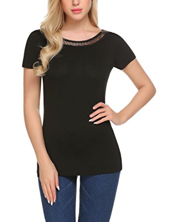 Yayado Women Casual Crew Neck Cut Out Tops Solid Short Sleeve Shirts Blouse