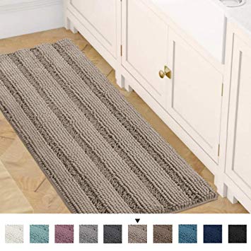 Striped Bath Mat Runner Shag Original Luxury Chenille Bathroom Rug Mat Non Slip Extra Soft and Absorbent Shaggy Rugs, Perfect Plush Carpet Mats for Tub, Shower, Taupe, 47 x 17 inches