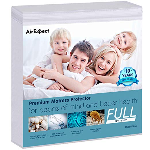 Waterproof Mattress Protector Full Size - AirExpect 100% Organic Cotton Hypoallergenic Breathable Mattress Pad Cover, 18” Deep Pocket, Vinyl Free - 54”x75  ”