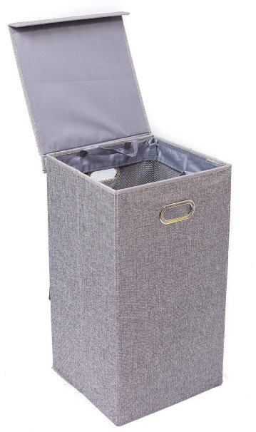 BirdRock Home Single Laundry Hamper with Lid and Removable Liner | Linen | Easily Transport Laundry | Foldable Hamper | Cut Out Handles