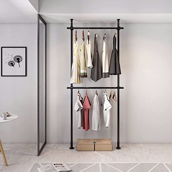 2 Tier Clothes Rack, Adjustable Clothing Rack for Hanging Clothes, Heavy Duty Free-Standing Garment Racks,Floor to Ceiling Clothes Hanger Closet System for Bedroom Laundry Room, Black