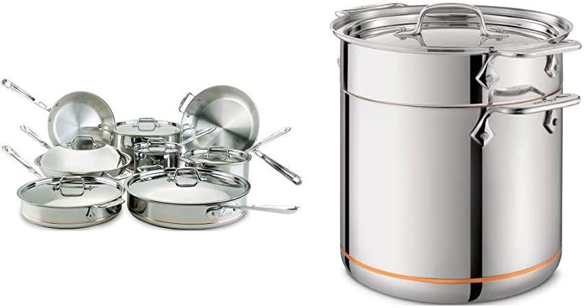 All-Clad 60090 Copper Core 5-Ply Bonded Dishwasher Safe Cookware Set, 14-Piece, Silver & 6807 SS Copper Core 5-Ply Bonded Dishwasher Safe Pasta Pentola/Cookware, 7-Quart, Silver