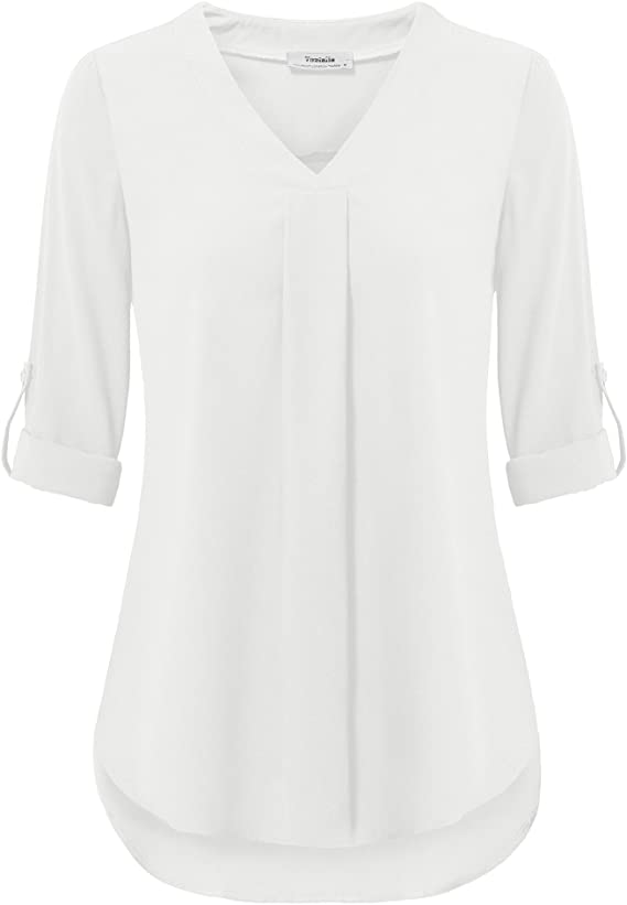Youtalia Womens 3/4 Cuffed Sleeve Chiffon Printed V Neck Casual Blouse Shirt Tops