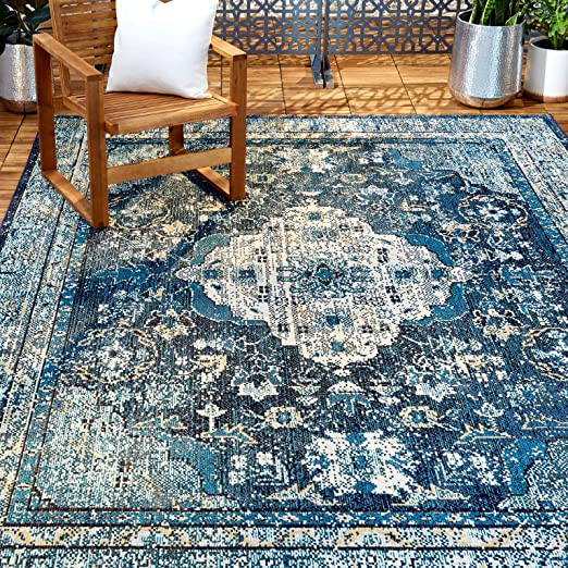 Home Dynamix Nicole Miller Patio Starlight Willow Indoor/Outdoor Area Rug 7'9"x10'2", Traditional Medallion Navy Blue/Tan