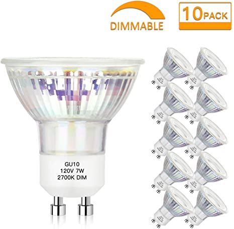 Dimmable GU10 LED Spotlight Bulbs 7W(50W 60W Equivalent), Warm White 2700K GU10 Track Light Bulbs, 600Lumens, 25000  hrs, Flood Light, MR16 Full Glass Cover Bulb (Pack of 10)