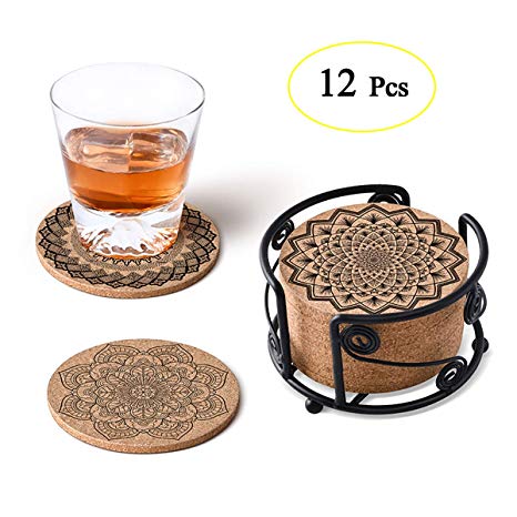 MASGALACC Cork Coasters for Drinks with Metal Holder-set of 12-4" x 4" -1/5" Thick - Absorbent - Heat-Resistant - for Office Home or Cottage
