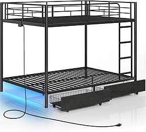 Rolanstar Metal Bunk Bed Full Over Full with USB Charging Station, LED Bunk Bed with 2 Storage Drawers, Bed with Safety Guardrail & Ladders, No Box Spring Needed, Easy Assembly, Black