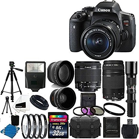 Canon EOS Rebel T6i 24MP Digital SLR Camera and EF-S 18-55mm F3.5-5.6 IS STM With Canon Zoom Telephoto EF 75-300mm f/4.0-5.6 III Autofocus Lens   Telephoto 500mm f/8.0 T- Mount Lens (Long) With 58mm 2x Professional Lens  High Definition 58mm Wide Angle Lens   Auto Flash   Uv Filter Kit with 32GB Complete Deluxe Accessory Bundle
