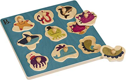 B. Toys – Hide N’ Sea Underwater Peg Puzzle – Classic Wooden Puzzles for Toddlers with 9 Chunkypiece – Sea Animals & Shape Sorting – Natural Wood Toddler Puzzles