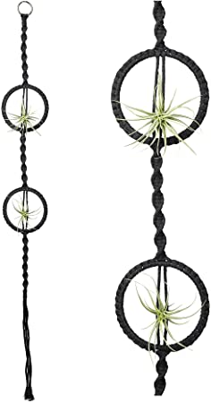 POTEY 601102 Air Plants Holders - Air Plant Hanger for Tillandsia Display Handmade Cotton Rope Hanging Air Plant Holders for Home Decor for 2 Air Plants 1 Pack 41.3'',Black